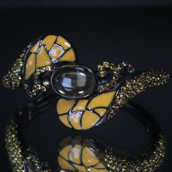 STERLING SILVER BLACKENED CITRINE ENAMEL BANGLE BRACELET - Picture 1 of 8